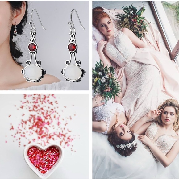 Moonstone And Ruby Silver Romantic Drop Earrings - Picture 5 of 13